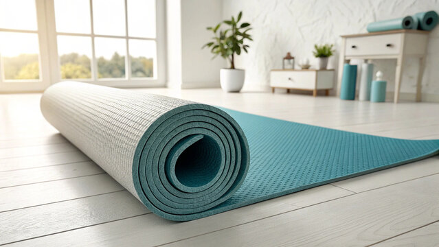 A rolled yoga mat lies on a clean wooden floor in a bright indoor studio with natural light, ready for a peaceful workout or meditation session. - Powered by Adobe