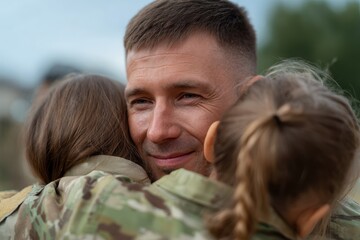 Fototapeta premium Soldier hugging family before deployment