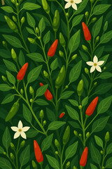 This is a digital illustration depicting a lush and vibrant chili pepper plant, specifically the Bird's Eye Chili (also known as Thai chili or Prik Kee Noo in Thai). The image showcases a dense patter
