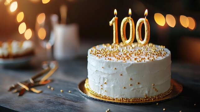 Birthday cake with a number 100 candle. Celebration of a centennial anniversary. Festive dessert for milestone event, party.