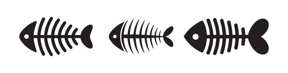 Black Fishbone Vector Icon. Fish Skeleton Symbol. Cat Food Fishbone Silhouette. Vector EPS 10