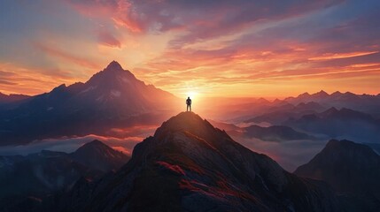 Naklejka premium Silhouette of a man standing on top of a mountain peak during a breathtaking sunset view. Concept of achievement and reaching goal.