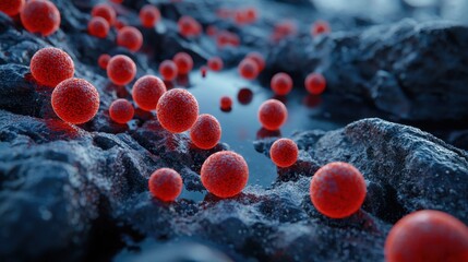 Red blood cell floating on abstract black surface. Microscopic view of cell structure. Microorganism, virus, germ, bacterial infection.