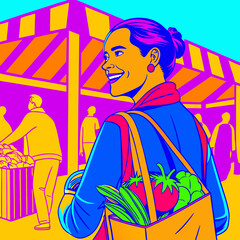 Fototapeta premium Ultra HD portrait of a young woman smiling and holding a reusable bag full of fresh vegetables at a vibrant farmers market, shallow depth of field 