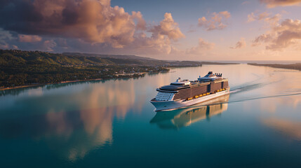 Majestic cruise ship glides into harbor at dawn, golden sunrise on calm waters — a serene journey begins