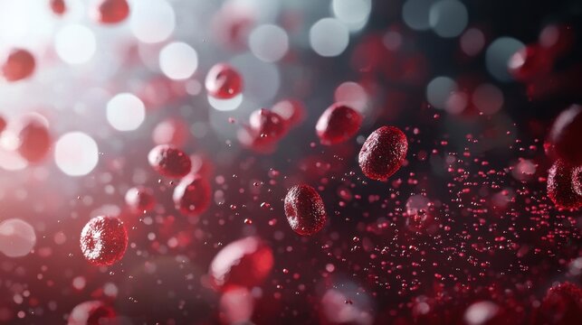 Red cells flowing in bloodstream. Microscopic view of human blood cells. Medical visualization for science and biology study. - Powered by Adobe