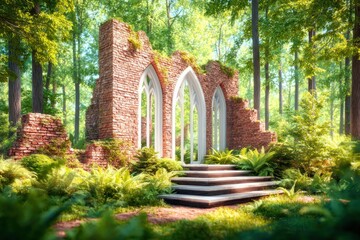 Obraz premium Sunlit Stone Ruins in a Lush Green Forest