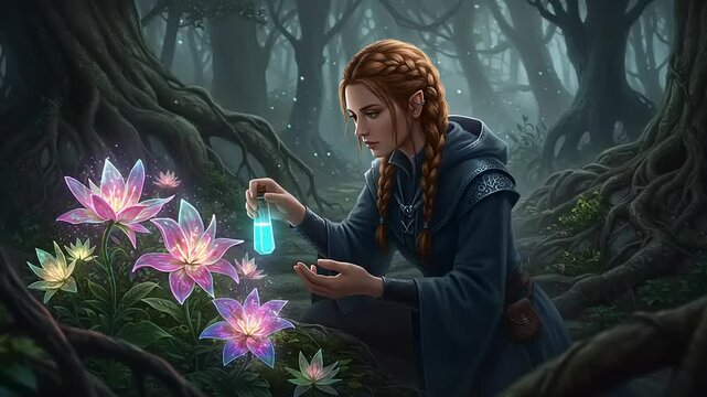 Enchanted forest scene with a woman in a blue cloak examining glowing flowers while holding a potion
