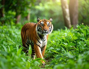 Majestic tiger standing in lush green forest for Global Tiger Day. High-resolution, sharp focus on stripes, perfect for wildlife awareness, conservation campaigns, or educational content.