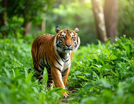 Majestic tiger standing in lush green forest for Global Tiger Day. High-resolution, sharp focus on stripes, perfect for wildlife awareness, conservation campaigns, or educational content.