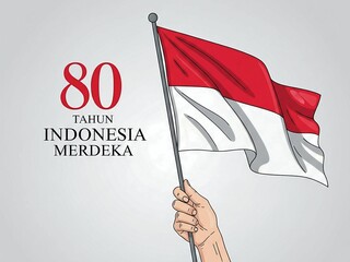 Generative AI illustration of a hand holding a red and white flag, with the words "80 Years of Indonesian Independence" written on it.