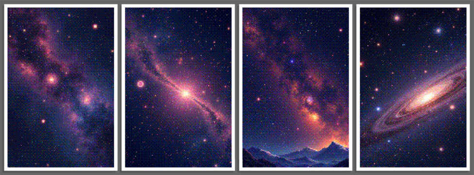 Set of pixelated posters with futuristic deep space scene in pixel art style with dithering effect. Retro space background for vintage cover, flyer, magazine or banner. Vector 8-bit illustration