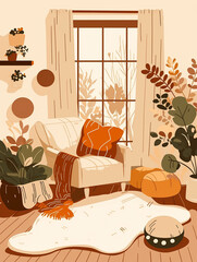 Cozy interior design with warm tones and plants in a sunlit room during the afternoon