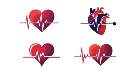 Graphic Heart Icons with Cardiogram on Transparent Background