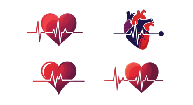 Graphic Heart Icons with Cardiogram on Transparent Background