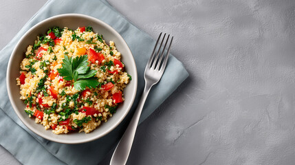 Couscous Salad Freshly Prepared: Close-up of vibrant couscous salad, showcasing parsley, red pepper, a fresh and colorful healthy dish.