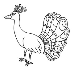 Hand drawn Peacock for coloring page isolated on white background. Stylized peacock doodle vector icon