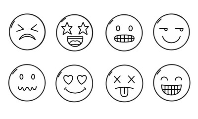 Hand drawn outline emoticons set. Diverse doodle emoticon faces collection