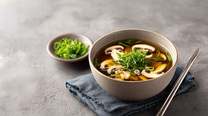 Mushroom Soup Culinary Delight: A beautifully composed image showcasing a bowl of savory mushroom soup garnished with fresh greens, a small side dish, and chopsticks.