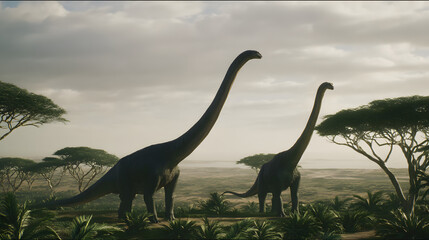 A mother Brachiosaurus and her baby both standing together in a lush prehistoric landscape, symbolizing maternal care and ancient wildlife.

