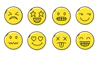 Hand drawn outline emoticons set. Diverse doodle emoticon faces collection