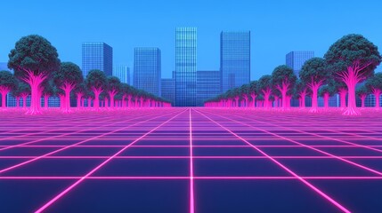 Synthwave Cityscape: Neon Grid Road & Retro Trees