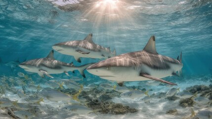 Naklejka premium Grey reef sharks swim amidst a school of fish in the sunlit ocean depths.