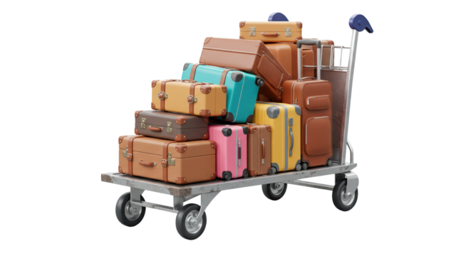 3D metal luggage trolley loaded with various colorful suitcases and travel bags for vacation or airport scenes isolated on a transparent background, png, cutout