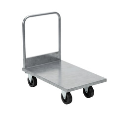 3D platform dolly trolley for warehouse, shipping, or industrial transport use isolated on a transparent background, png, cutout
