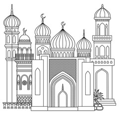 Line art vector illustration of an oriental city with domes, towers, and minarets. Perfect for Arabian, Islamic, and fairytale themed designs