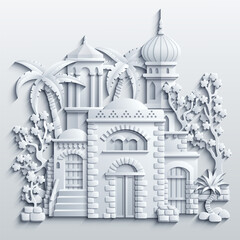 White papercut style vector illustration of an oriental city with domes, towers, and minarets. Perfect for Arabian, Islamic, and fairytale themed designs