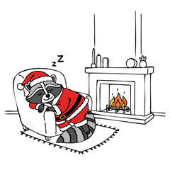 raccoon dressed in a Santa Claus costume sleeps by the fireplace cute sketch