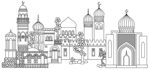 Obraz premium Line art vector illustration of an oriental city with domes, towers, and minarets. Perfect for Arabian, Islamic, and fairytale themed designs