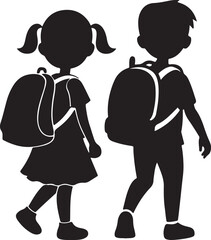 kids carrying school bag silhouette, black and white silhouette, vector and illustration