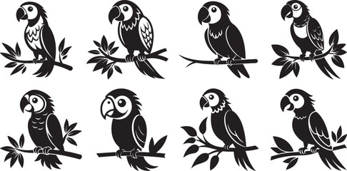 set of cute macaw sitting on branch silhouette, black and white silhouette, vector and illustration