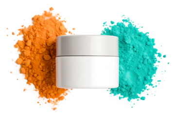 Vibrant Orange and Teal Powder Surrounding White Cosmetic Jar