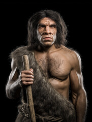 Neanderthal, reconstruction, prehistoric, man, full-body, fur, clothing, barefoot, musculature, skin, detailed, scientific, standing, arms, relaxed, primitive, ancient, hominid, realistic