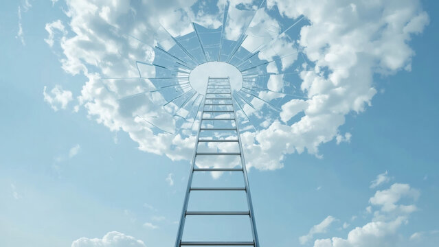 Ladder ascending into a cracked glass ceiling in sky.
