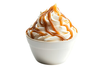 Vanilla soft serve ice cream with caramel topping on transparent background