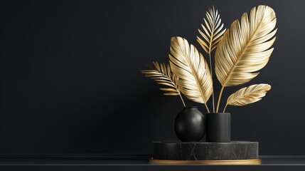 Gold Leaf in Vase on Marble Stand Against Black Wall