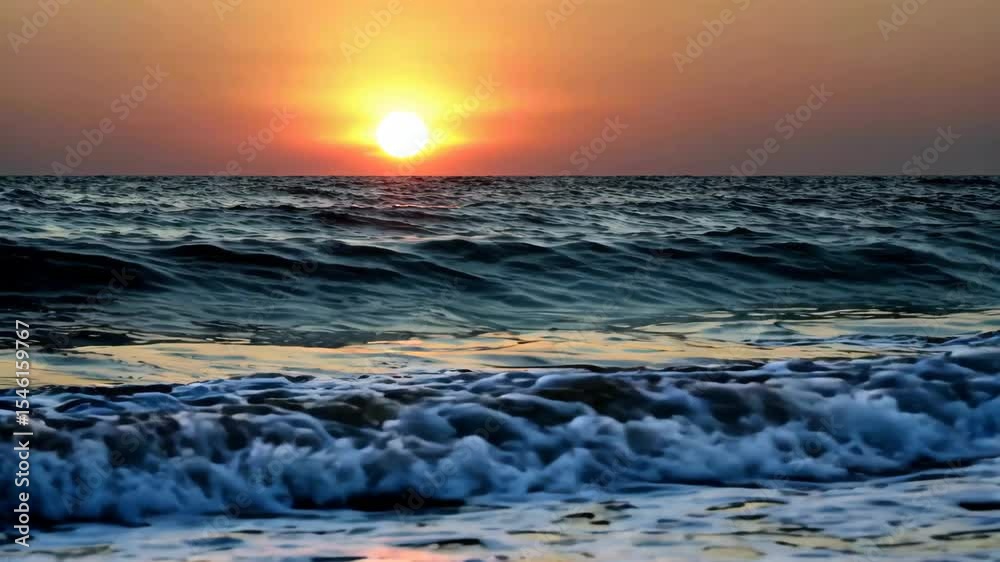 Wall mural sunset over the ocean with waves crashing in front of it