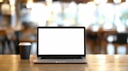 Fototapeta premium A laptop mockup setting with blank screen on a wooden table with a decent cafe interior