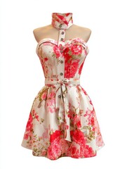 Floral Dress with Belt and High Collar