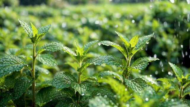 a close up of a field of green plants with water droplets