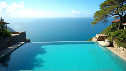 Fototapeta premium A tranquil cliff-edge infinity pool overlooking the turquoise ocean, surrounded by lush tropical greenery