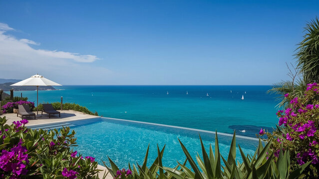 A tranquil cliff-edge infinity pool overlooking the turquoise ocean, surrounded by lush tropical greenery