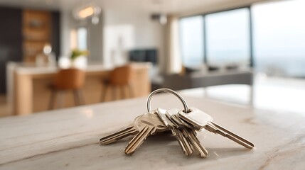 A set of keys on a table in a modern home interior, with an open kitchen, living room, sofa, and window in the background. .
