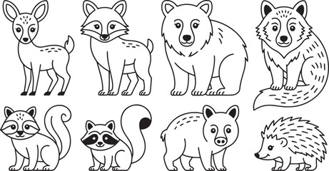 Eight Adorable Blackand White Line Drawn Forest Animals Deer Fox Bear Wolf Raccoon Hedgehog and Peccary Cute