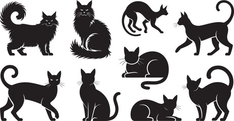 Naklejka premium Nine Black Cat Silhouettes Various Poses Fluffy Longhaired Short Hair Domestic Animals cats 1