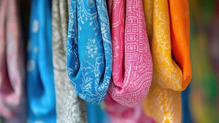 A collection of vibrant ties displayed on a rack, ideal for fashion or product photography